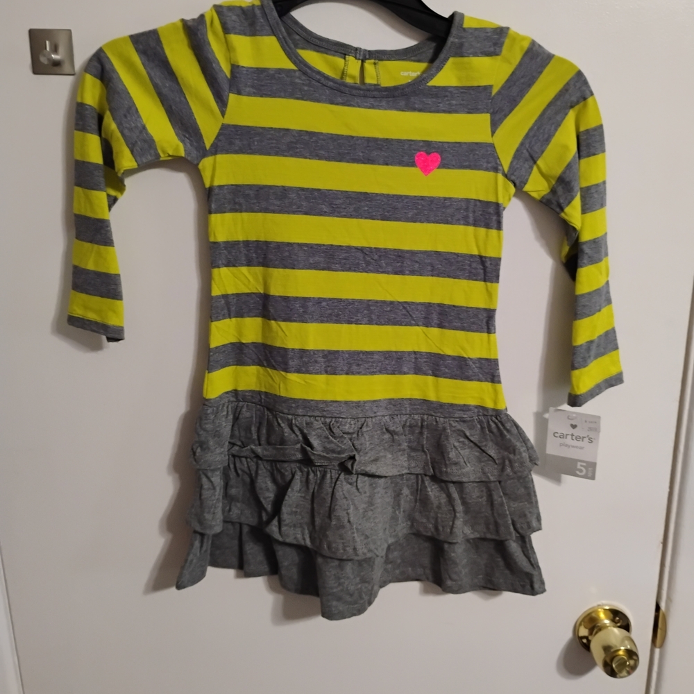 Carter's Grey & Neon Yellow Striped Ruffle Dress with Pink Heart